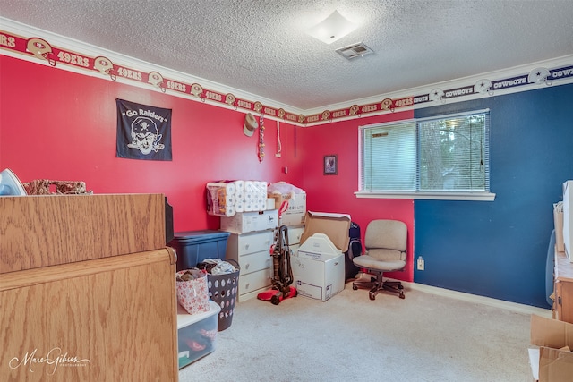 recreation room with crown molding, carpet, and a textured ceiling