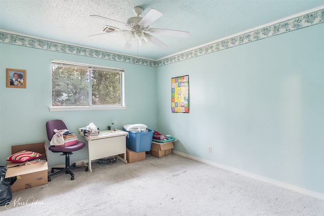 interior space with ceiling fan, carpet, and a textured ceiling