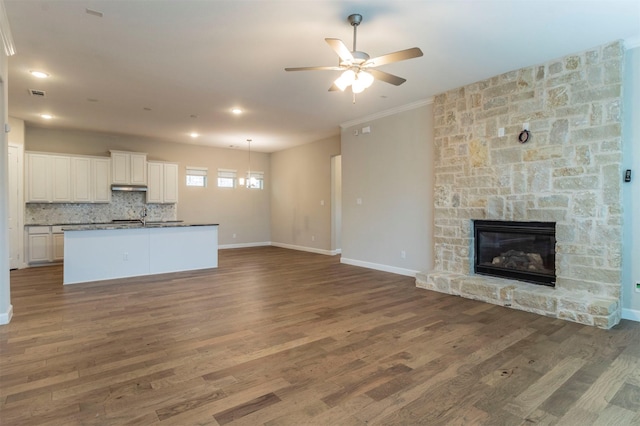 unfurnished living room featuring sink, hardwood / wood-style flooring, a stone fireplace, and ceiling fan