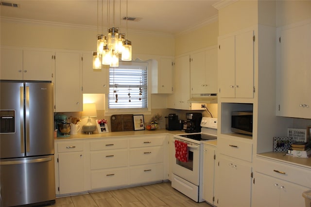 kitchen with stainless steel fridge, white cabinetry, white range with electric stovetop, ornamental molding, and decorative light fixtures