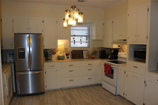 kitchen with white range with electric stovetop, stainless steel refrigerator with ice dispenser, ornamental molding, white cabinets, and decorative light fixtures