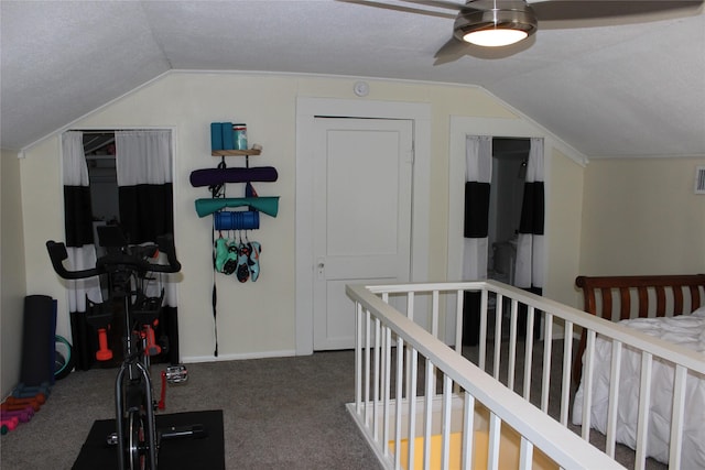 interior space with lofted ceiling and ceiling fan