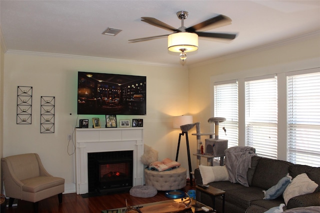 living room featuring dark wood-type flooring, ornamental molding, and ceiling fan