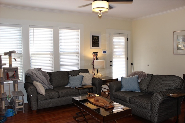 living room with ornamental molding, dark wood-type flooring, and ceiling fan