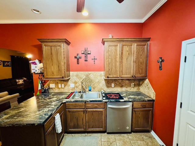 kitchen featuring tasteful backsplash, sink, ornamental molding, and stainless steel dishwasher