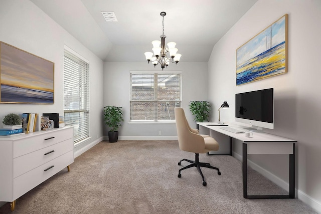 office featuring a notable chandelier, visible vents, baseboards, light colored carpet, and lofted ceiling