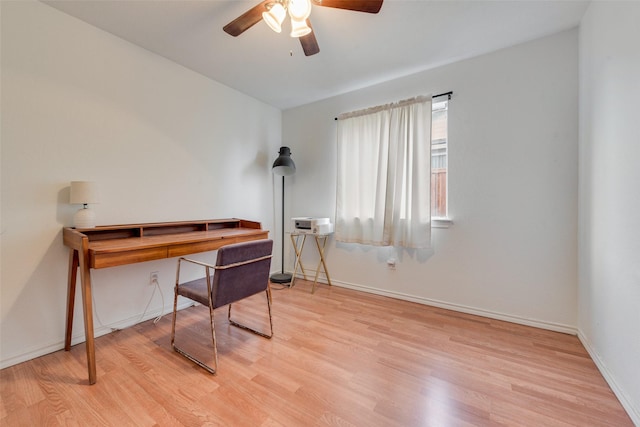 office space featuring light hardwood / wood-style flooring and ceiling fan