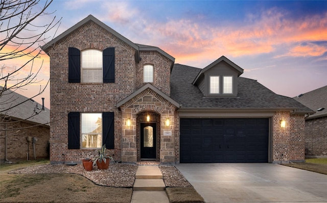 french country inspired facade with a garage