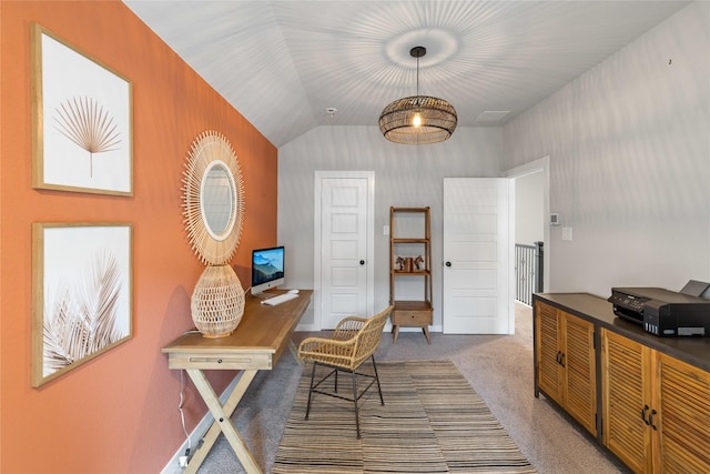 office area featuring carpet flooring and vaulted ceiling