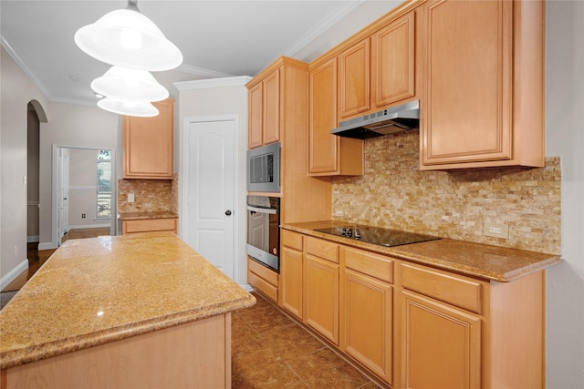 kitchen featuring crown molding, decorative light fixtures, light brown cabinets, black electric cooktop, and oven