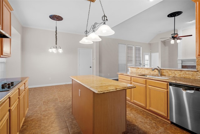 kitchen with pendant lighting, sink, dishwasher, a kitchen island, and black electric cooktop