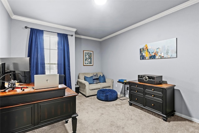 carpeted office featuring crown molding