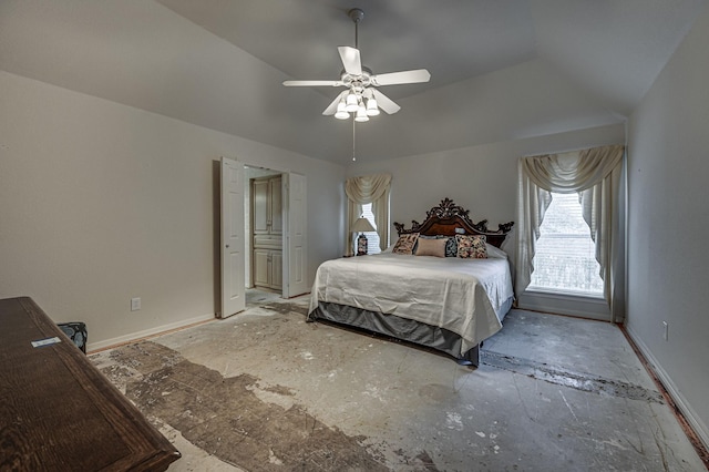 bedroom with ceiling fan and lofted ceiling