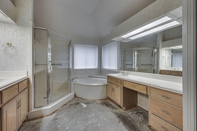 bathroom featuring concrete flooring, plus walk in shower, lofted ceiling, and vanity