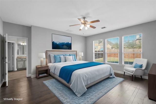 bedroom with dark wood-type flooring and ceiling fan