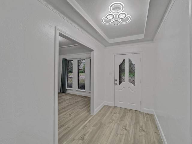 entrance foyer with a raised ceiling and light wood-type flooring