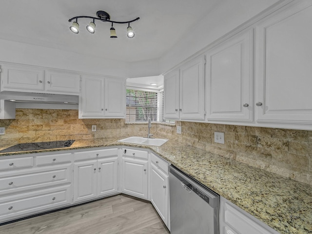 kitchen featuring sink, white cabinetry, black electric stovetop, stainless steel dishwasher, and exhaust hood