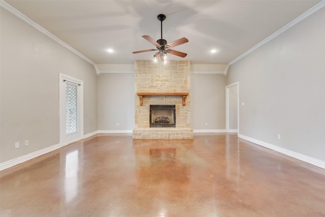 unfurnished living room with crown molding, a fireplace, and concrete floors