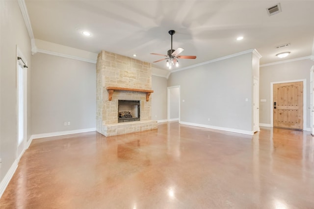 unfurnished living room with a fireplace, ornamental molding, concrete floors, and ceiling fan