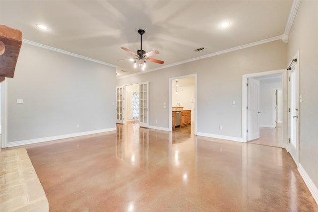 unfurnished living room featuring crown molding and ceiling fan