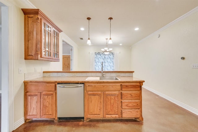 kitchen featuring pendant lighting, sink, crown molding, dishwasher, and concrete floors