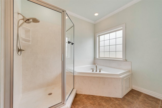 bathroom with tile patterned flooring, ornamental molding, and independent shower and bath