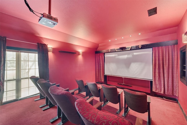 home theater room with light carpet