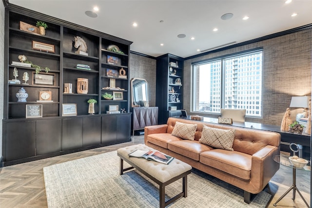 living room featuring ornamental molding and light parquet floors