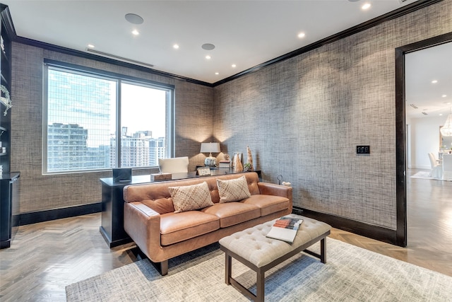 living room featuring ornamental molding and light parquet flooring