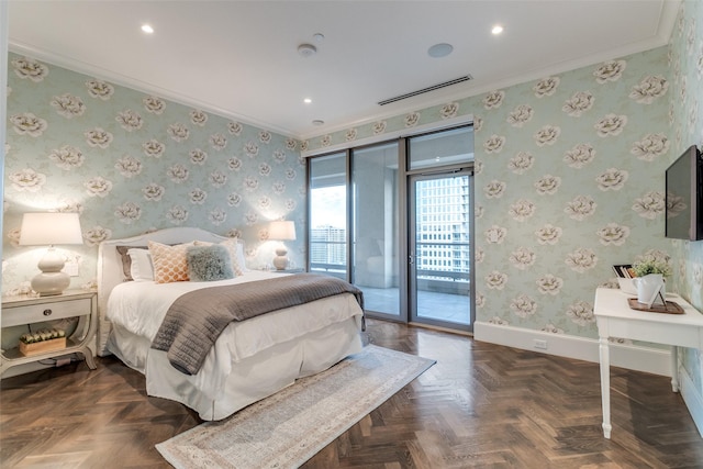 bedroom with crown molding, access to exterior, and dark parquet floors