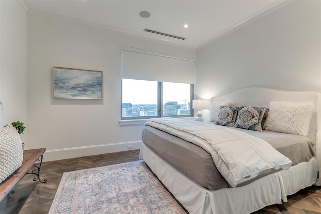 bedroom with parquet floors and ornamental molding