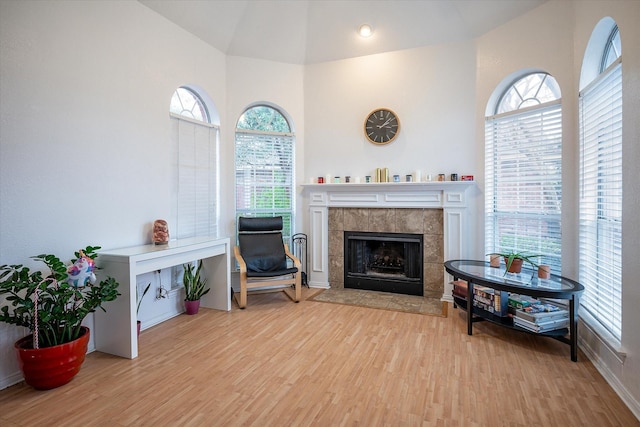 living room featuring lofted ceiling, plenty of natural light, a fireplace, and light hardwood / wood-style floors