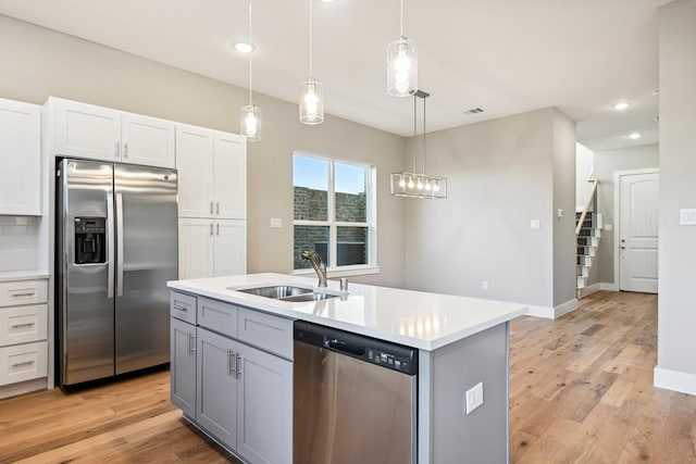 kitchen featuring sink, a kitchen island with sink, hanging light fixtures, stainless steel appliances, and white cabinets