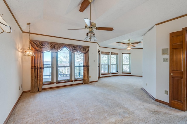 unfurnished living room with crown molding, light colored carpet, and ceiling fan with notable chandelier