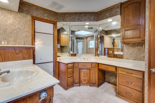 bathroom featuring vanity and a skylight