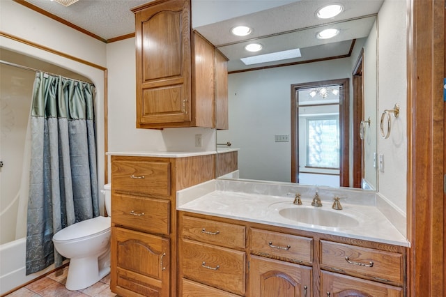 full bathroom featuring vanity, ornamental molding, a textured ceiling, tile patterned floors, and toilet