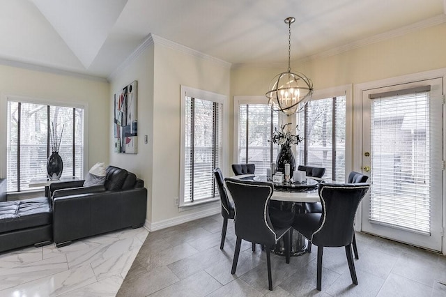 dining space featuring an inviting chandelier, crown molding, and vaulted ceiling