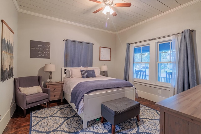 bedroom with ornamental molding, dark wood-type flooring, and wooden ceiling