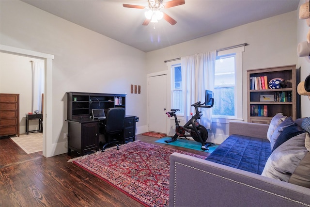 office space featuring dark hardwood / wood-style floors and ceiling fan