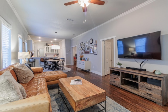 living room featuring dark wood-type flooring, ceiling fan, and ornamental molding