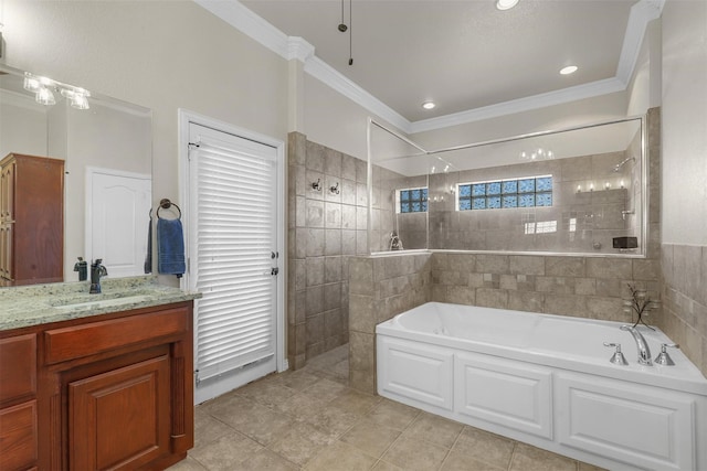 bathroom with ornamental molding, shower with separate bathtub, vanity, and tile patterned floors