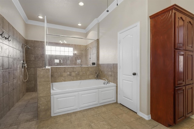 bathroom with ornamental molding, independent shower and bath, and tile patterned flooring