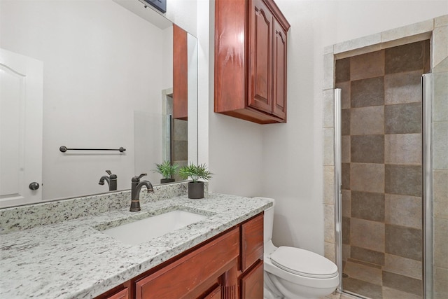 bathroom featuring vanity, toilet, and a shower with shower door