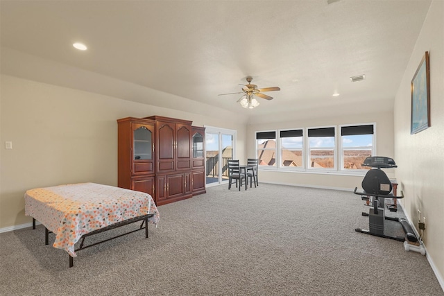 bedroom with ceiling fan and carpet