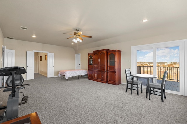 bedroom with ceiling fan, carpet flooring, and access to outside