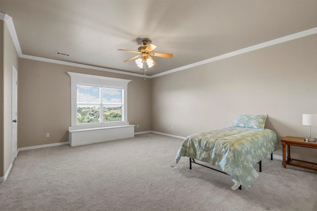 bedroom with ceiling fan, light colored carpet, and ornamental molding