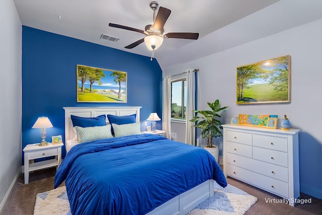 carpeted bedroom with ceiling fan