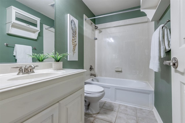 full bathroom with vanity, shower / tub combination, tile patterned floors, and toilet