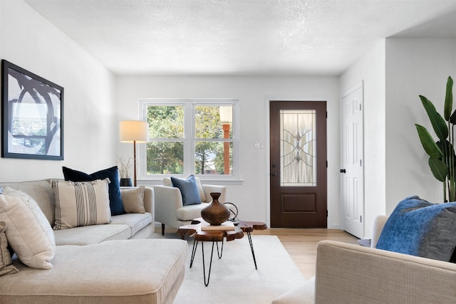 living room with a textured ceiling and light wood-type flooring