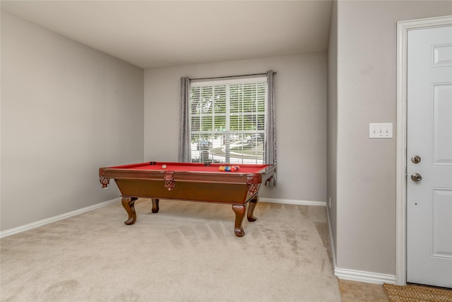 playroom with light colored carpet and pool table